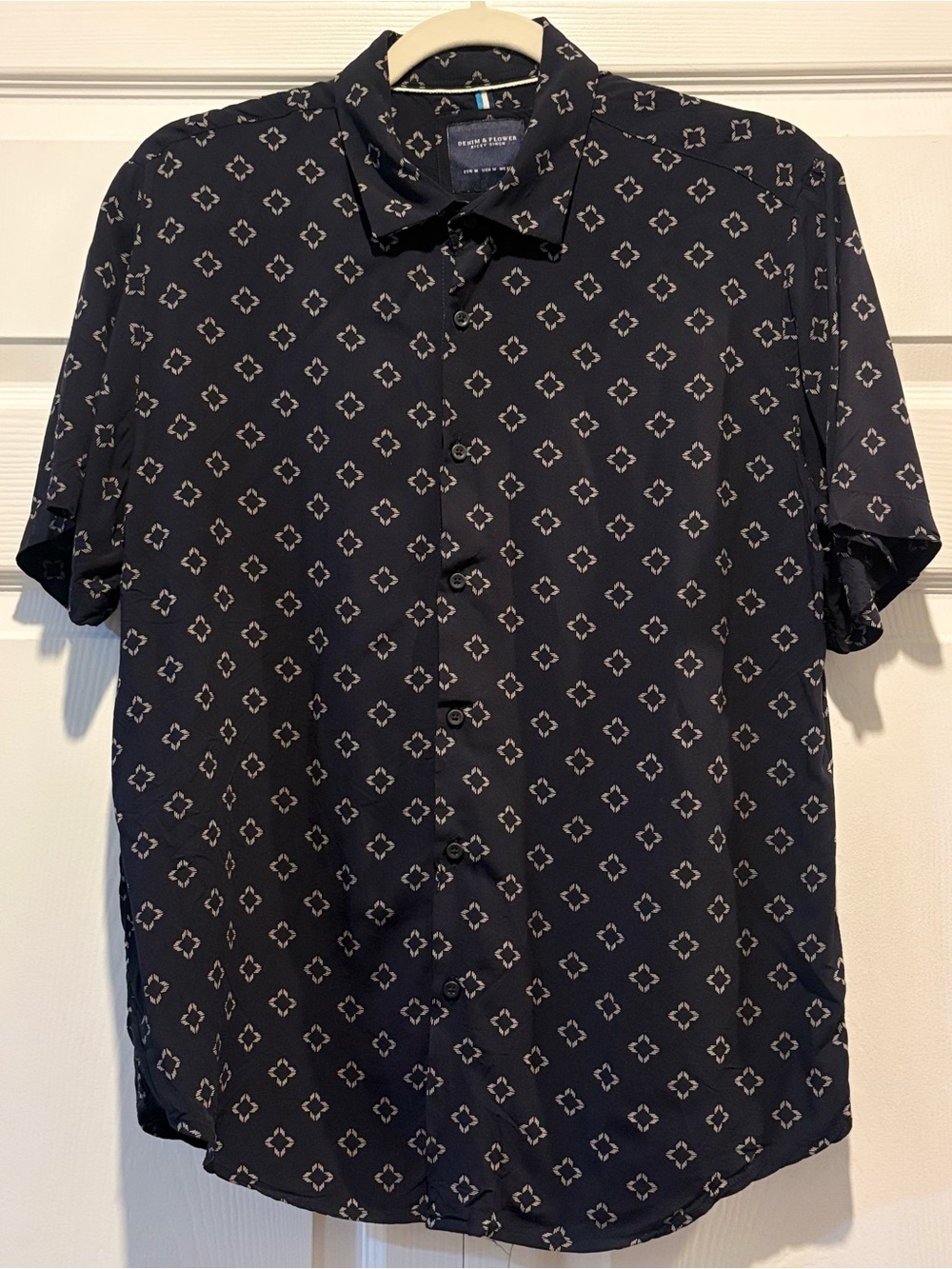 Denim & Flower Mens Navy Geometric Short-Sleeve Button-Down Casual Shirt M